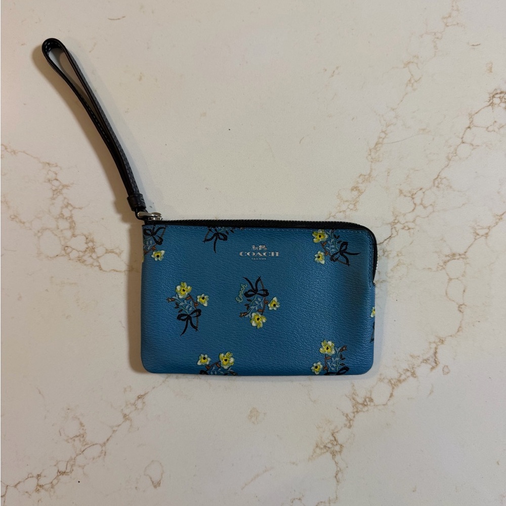 Coach Blue Floral Wristlet Pouch with Black Strap